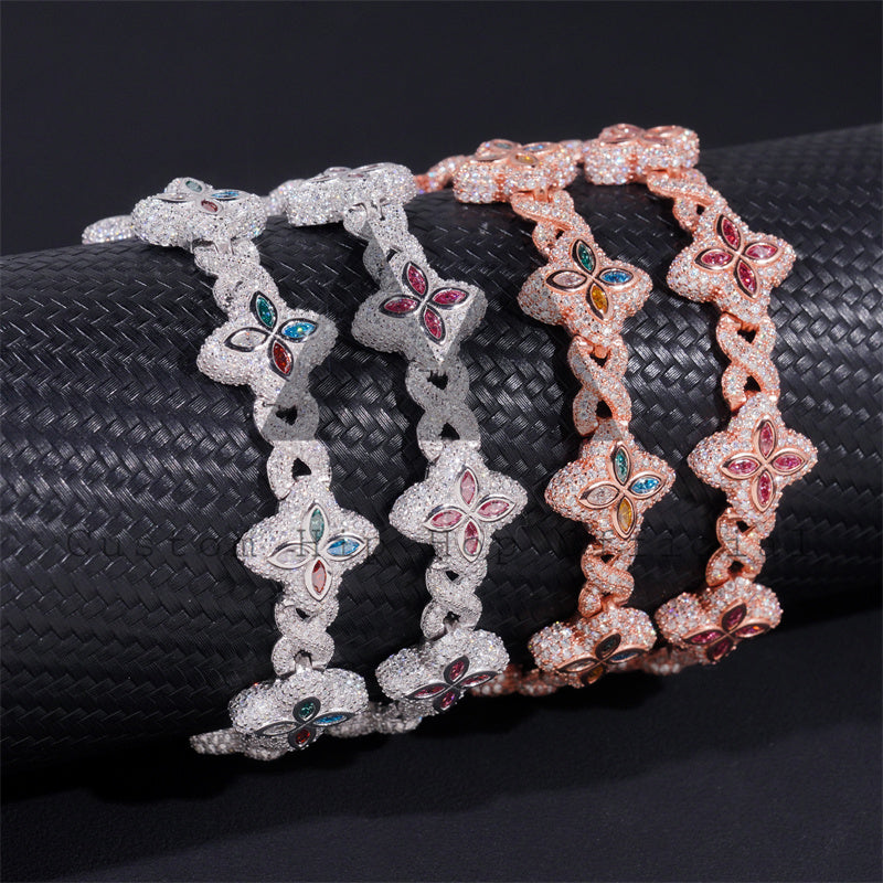 Solid Silver Pass Diamond Tester 15MM Iced Out Color Moissanite Clover Infinity Link Bracelet For Men