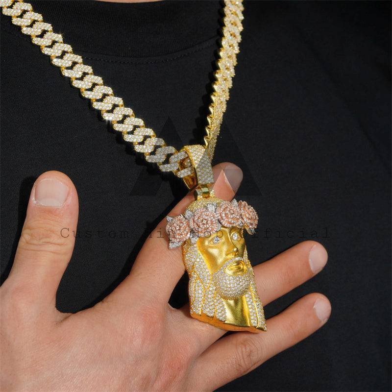 Iced Out VVS Moissanite Diamond Rose Crown Jesus Pendant with 13MM Cuban Link Chain Hip Hop Jewelry2