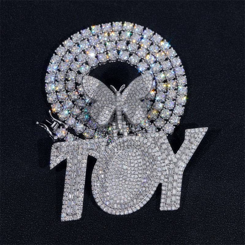 Silver Moissanite Buss Down 2inch Width Custom Name TOY with Butterfly Bail Fit For 4MM Tennis Chain