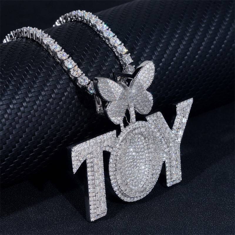 Silver Moissanite Buss Down 2inch Width Custom Name TOY with Butterfly Bail Fit For 4MM Tennis Chain
