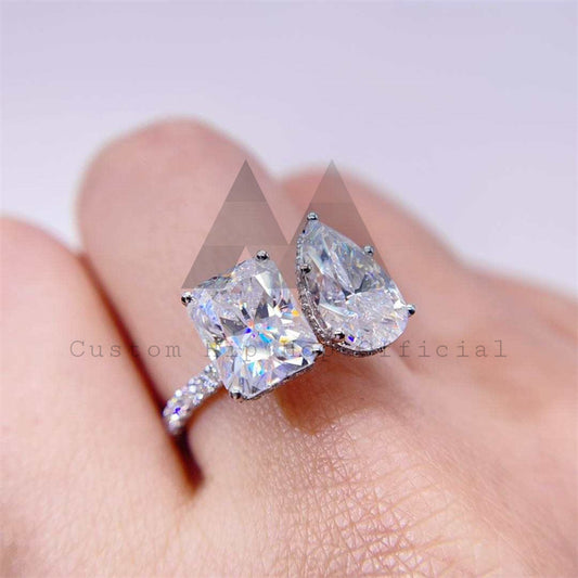 Fashion Design 925 Silver 10K 14K 18K White Gold Two Stone Moissanite Engagement Ring