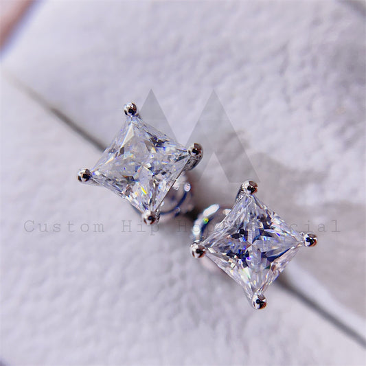 Pass Diamond Tester 1CT Princess Cut Moissanite Earrings Screw Back 10K White Gold
