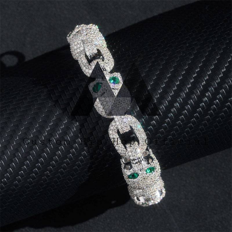 13MM Green Eyes Moissanite Skull Bracelet For Men Solid Silver Pass Diamond Tester Fully iced