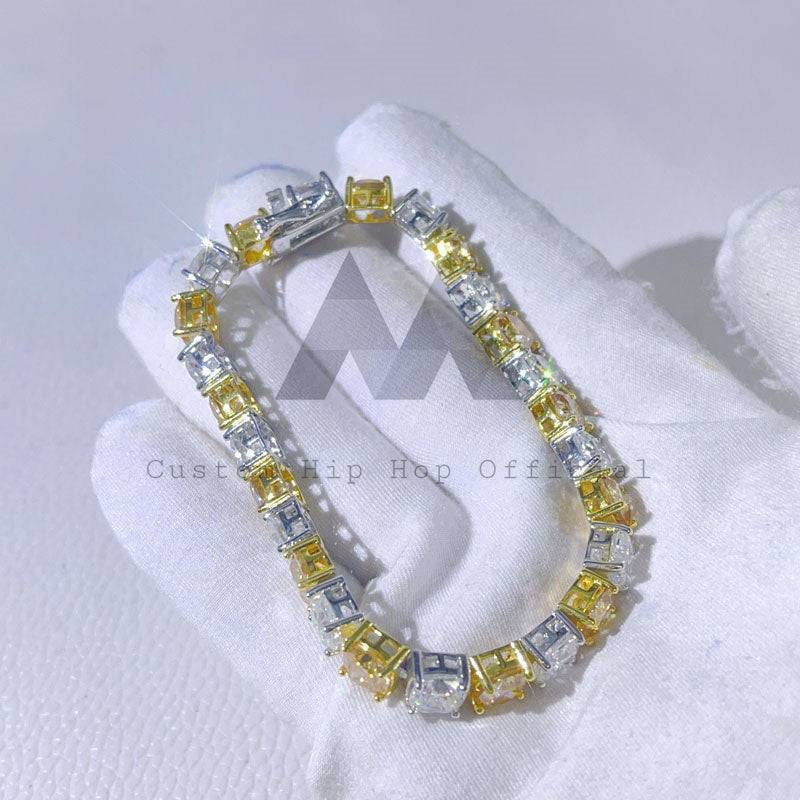 Pulseira de tênis de prata sólida 925 6,5 mm com corte almofadado branco Moisanite Mix Champagne Moissanite
