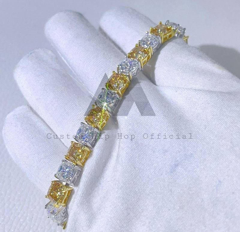 Pulseira de tênis de prata sólida 925 6,5 mm com corte almofadado branco Moisanite Mix Champagne Moissanite