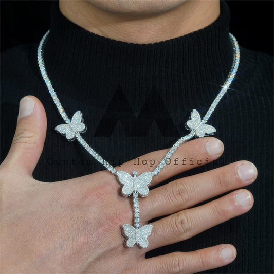 2024 New Arrival Iced Out Men Fashion Design 925 Sterling Silver Butterfly Charm Tennis Chain Necklace