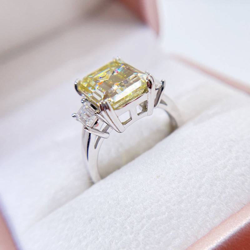 White Gold Canary Yellow Moissanite Gemstone Ring Three Stone Design For Women