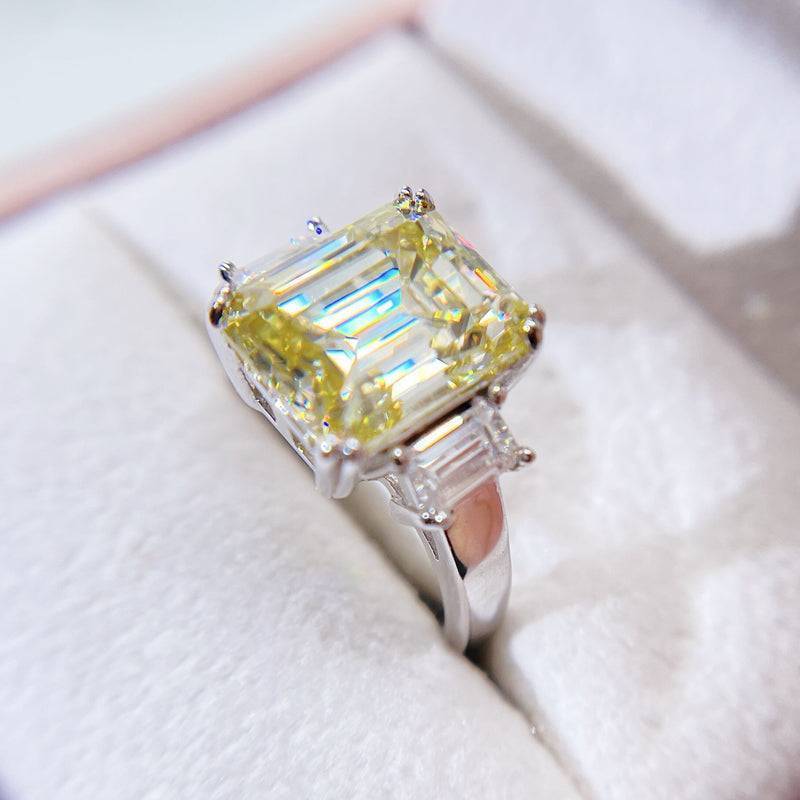 White Gold Canary Yellow Moissanite Gemstone Ring Three Stone Design For Women