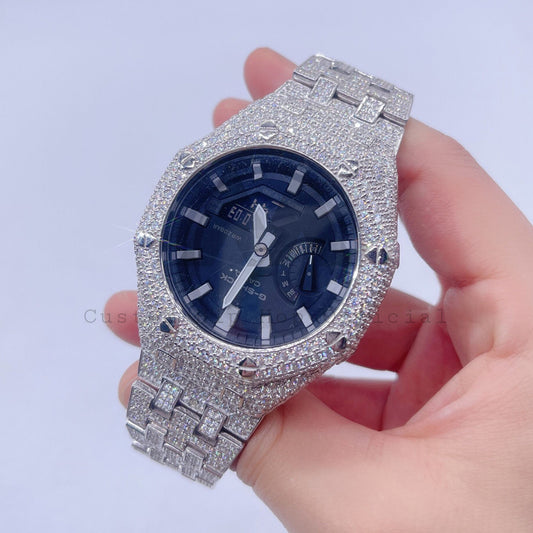 Black Face GA2100 Iced Out Watch With VVS Moissanite Silver Bezel And Band