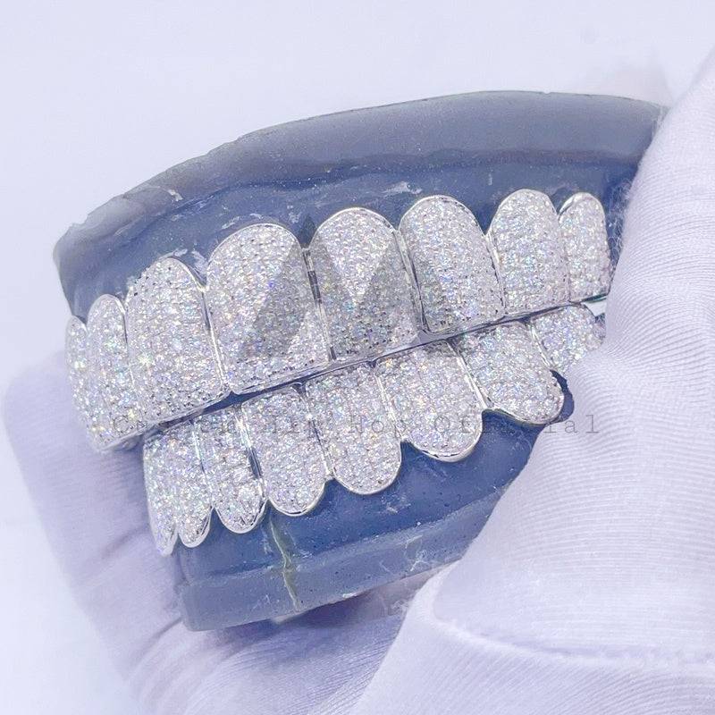 Custom made top 10 bottom 8 VVS Moissanite fully iced grillz in silver 925 and white gold for hip hop jewelry1