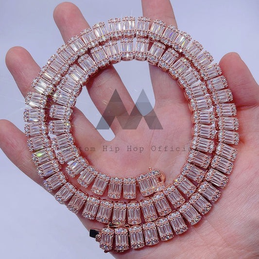 10mm Baguette Moissanite Tennis Chain Rose Gold Plated Over Silver 925