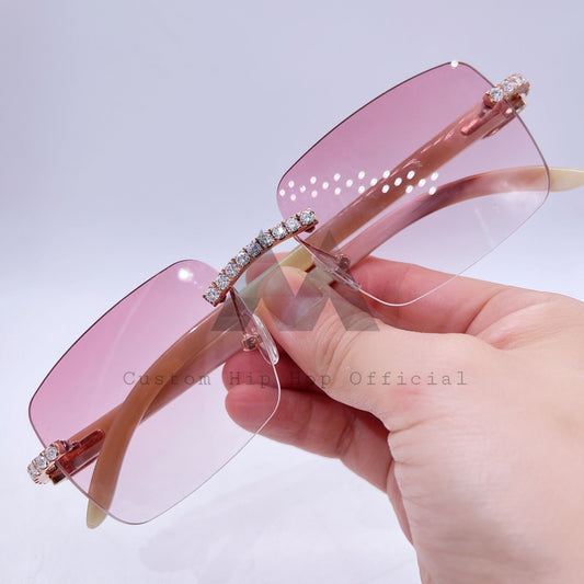 Light Pink Lens 10K Rose Gold VVS Moissanite Iced Out Sunglasses