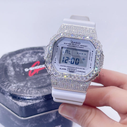 Iced Out Sterling Silver White Gold Casio DW5600 Moissanite Watch VVS Grade