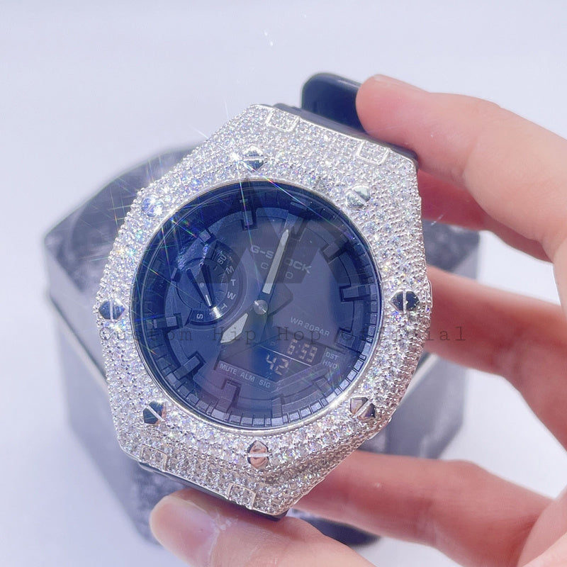 Hip Hop Buss Down GA2100 Iced Out Moissanite Diamond Watch Sterling Silver White Gold