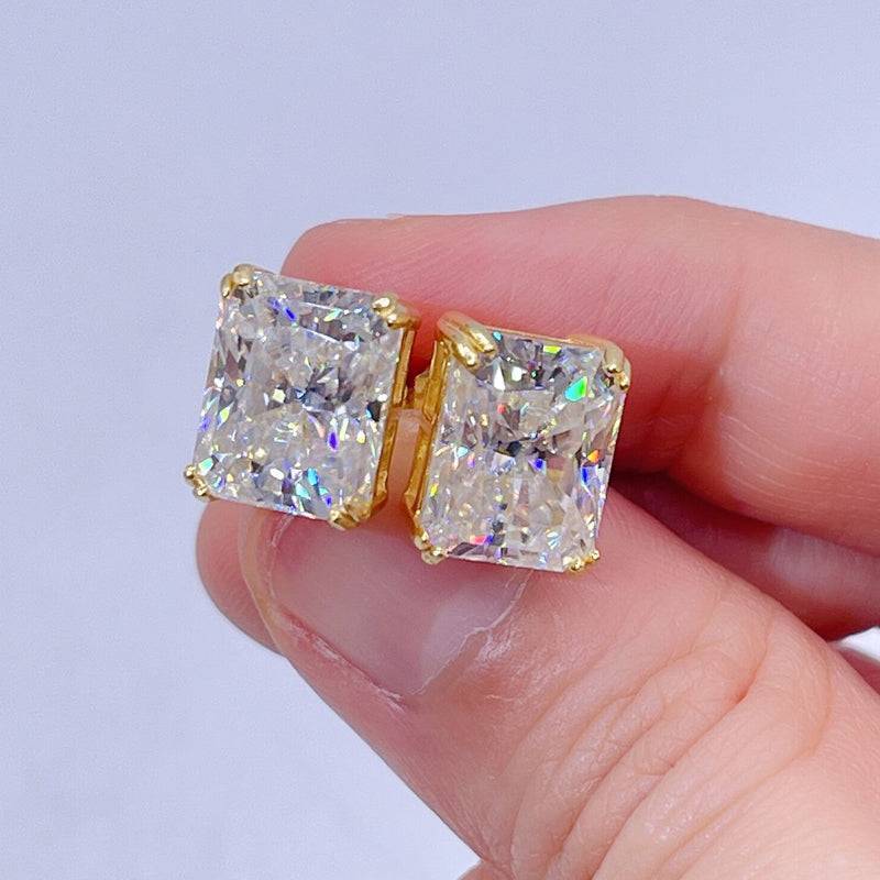 Hip hop jewelry GRA radiant cut yellow gold plated over solid silver screw back moissanite studs1