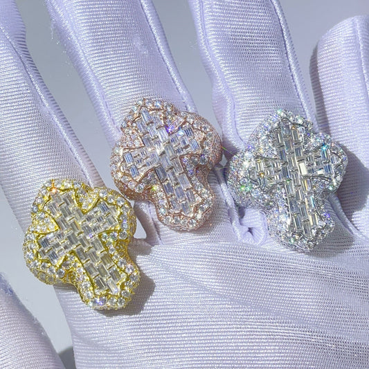 Baguette Cross Finger Ring with VVS Moissanite Diamond Iced Out