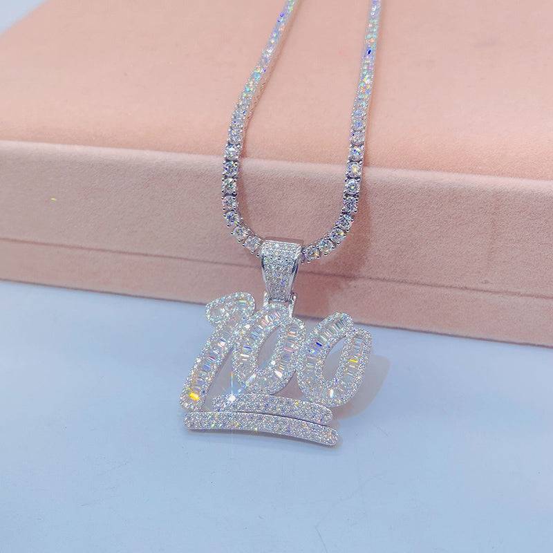 Hip Hop Iced out Baguette Moissanite Diamond 100 Score Pendant Silver 925