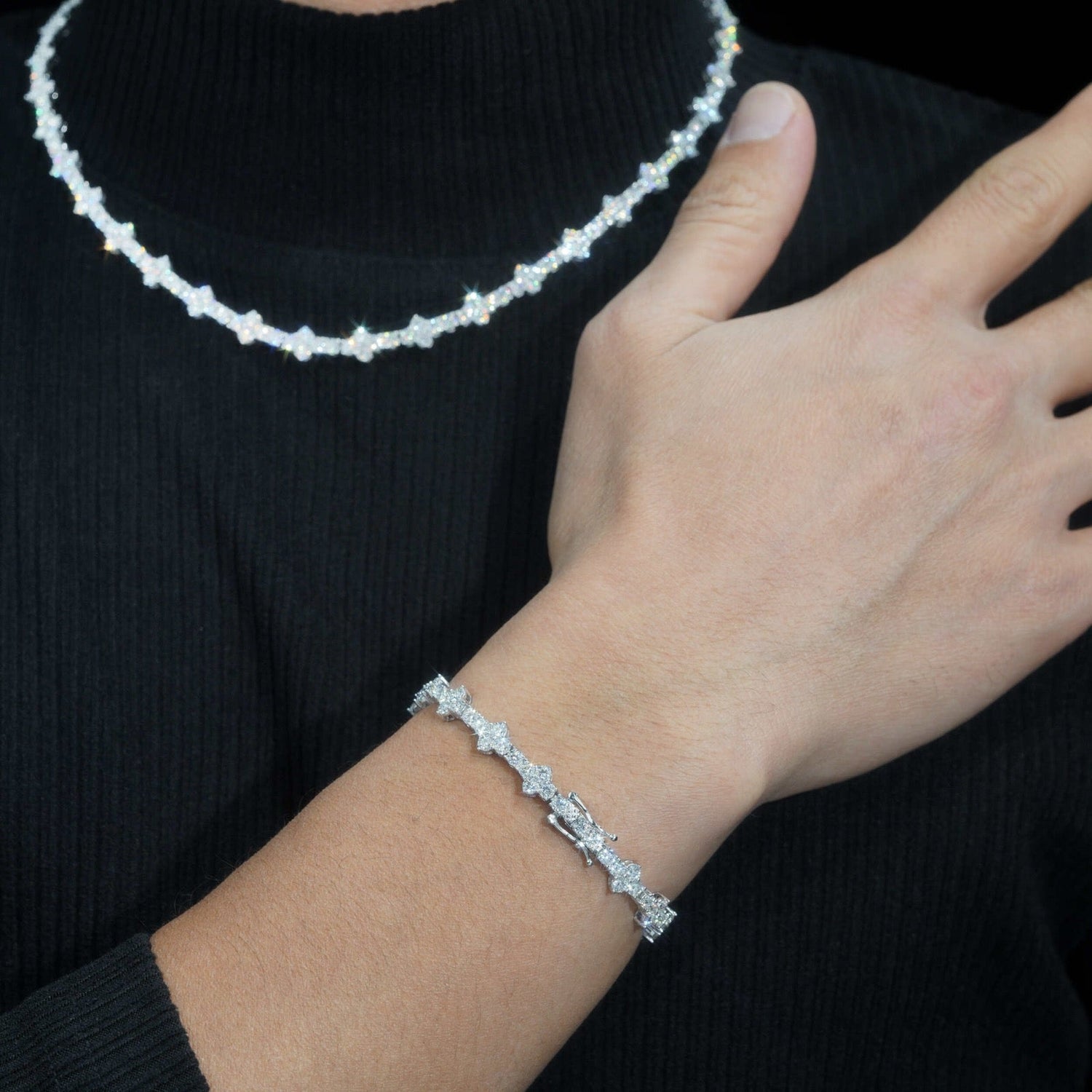 Model wearing a matching moissanite tennis chain and moissanite tennis bracelet — CustomHipHop