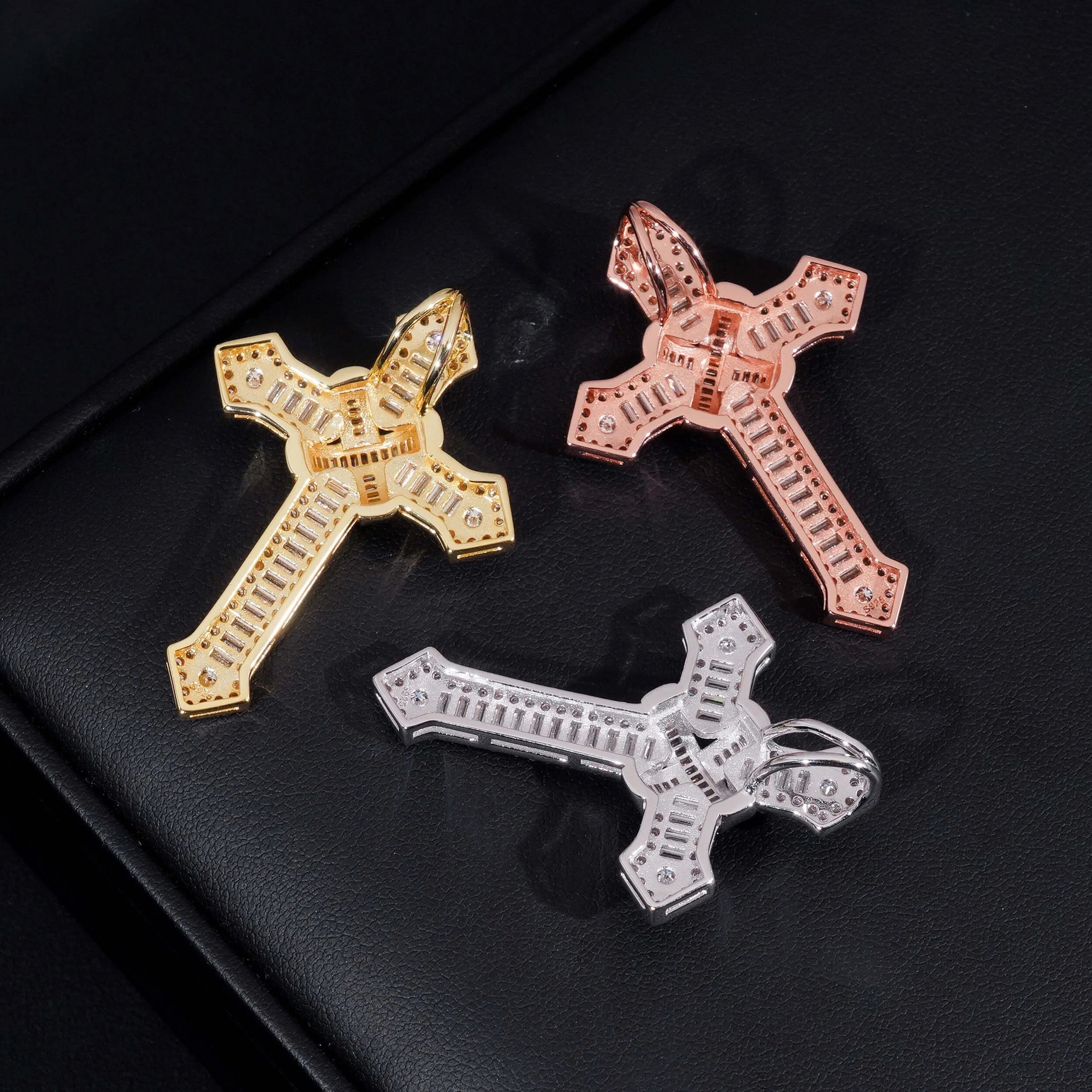 New Arrival 925 Silver Baguette Cut Cross Pendant Charm Match 3MM Tennis Chain