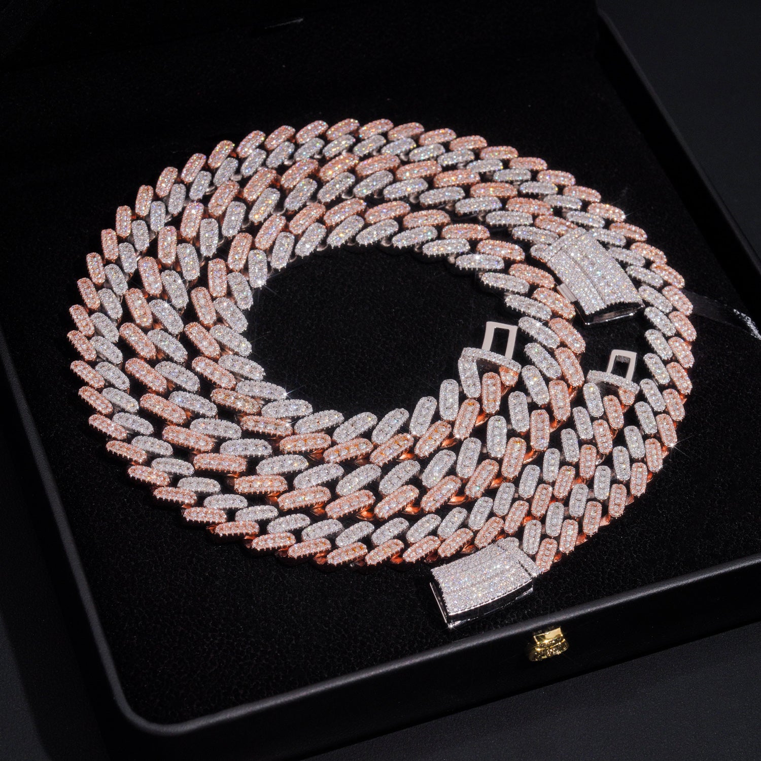 13MM 15MM Rose Gold Two Tone Three Rows Moissanite Cuban Chain Necklace Curve Lock