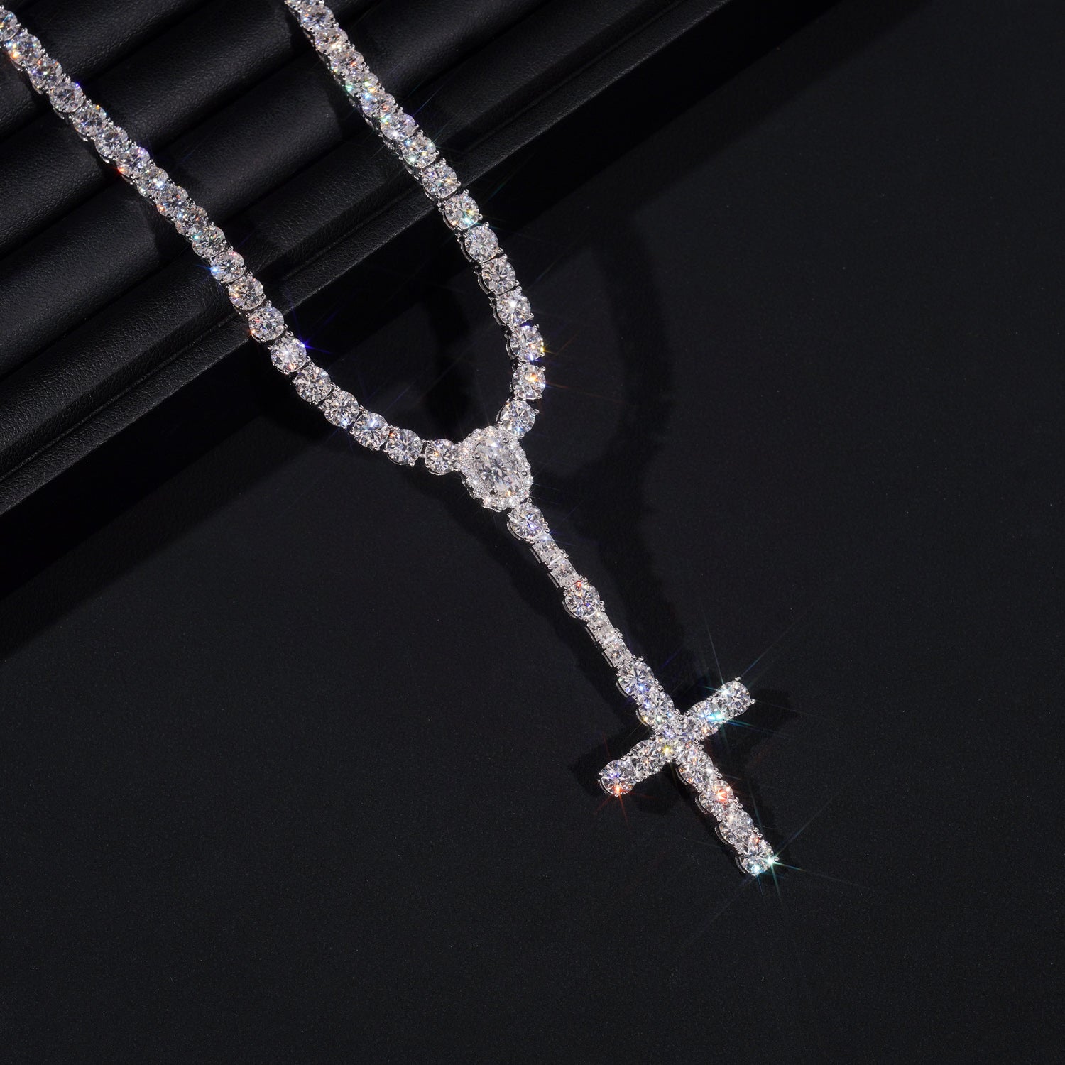 Cross Tennis Rosary Chain Necklace VVS Moissanite Diamond Solid Silver