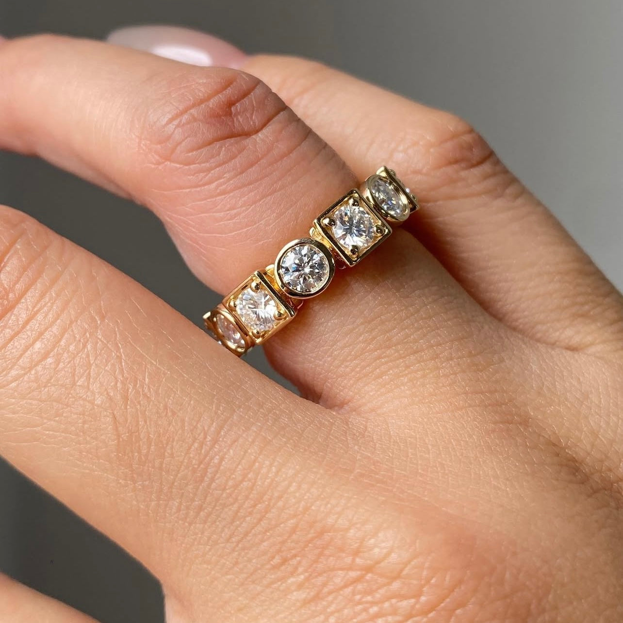 14K Yellow Gold Bezel Setting Fancy Cut Moissanite Diamond Eternity Ring Band