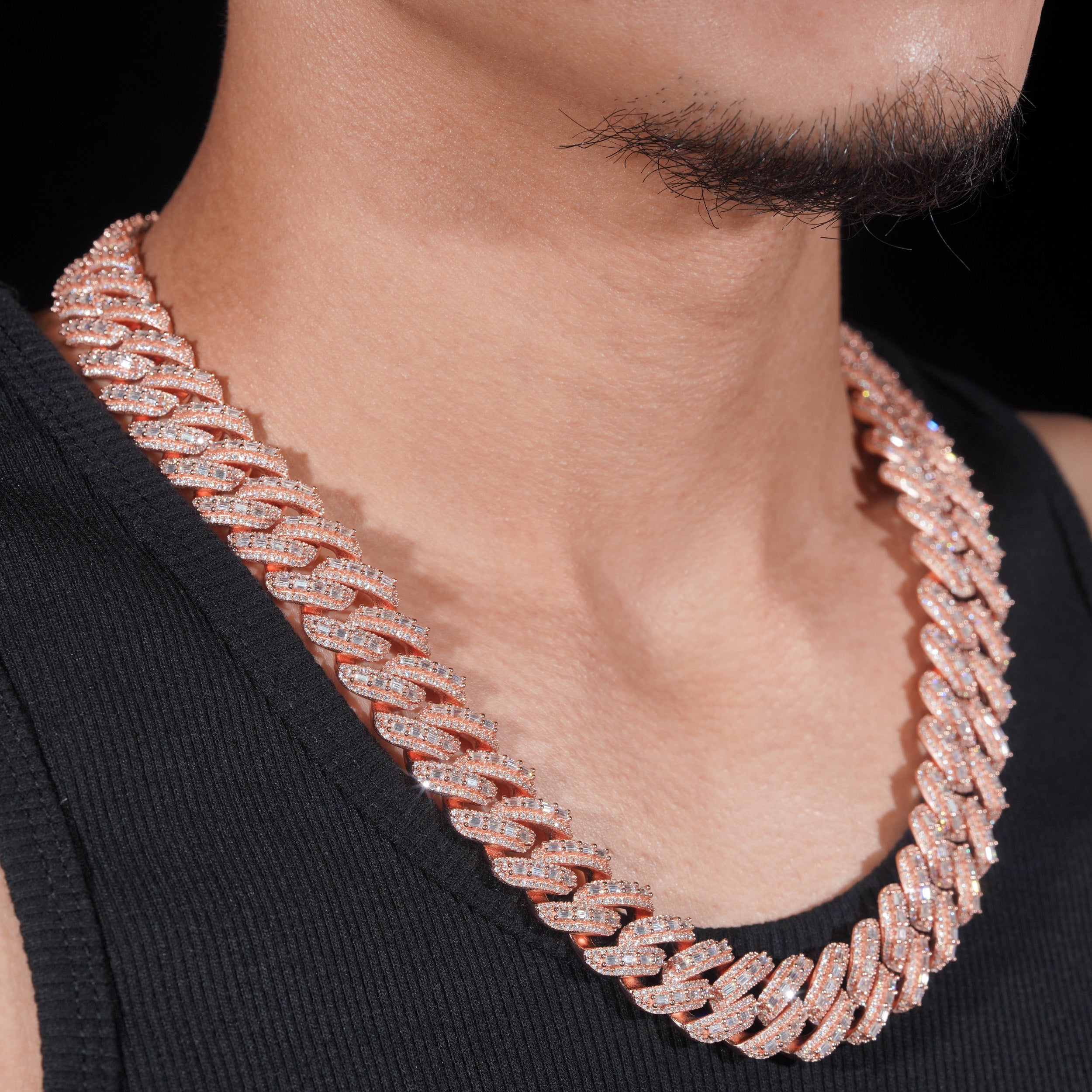 Hip Hop Men Jewelry 18MM VVS Moissanite Diamond Baguette Cut Cuban Link Chain Rose Gold Plated Over 925 Silver