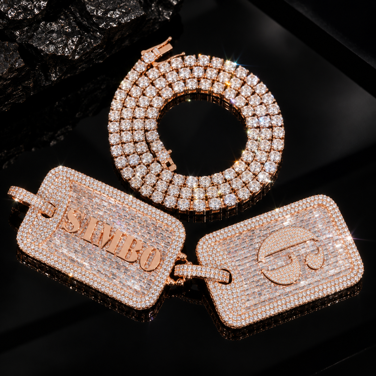 Buss Down Silver 925 Rose Gold Plating Custom Made Baguette Moissanite Design Dog Tag Pendant