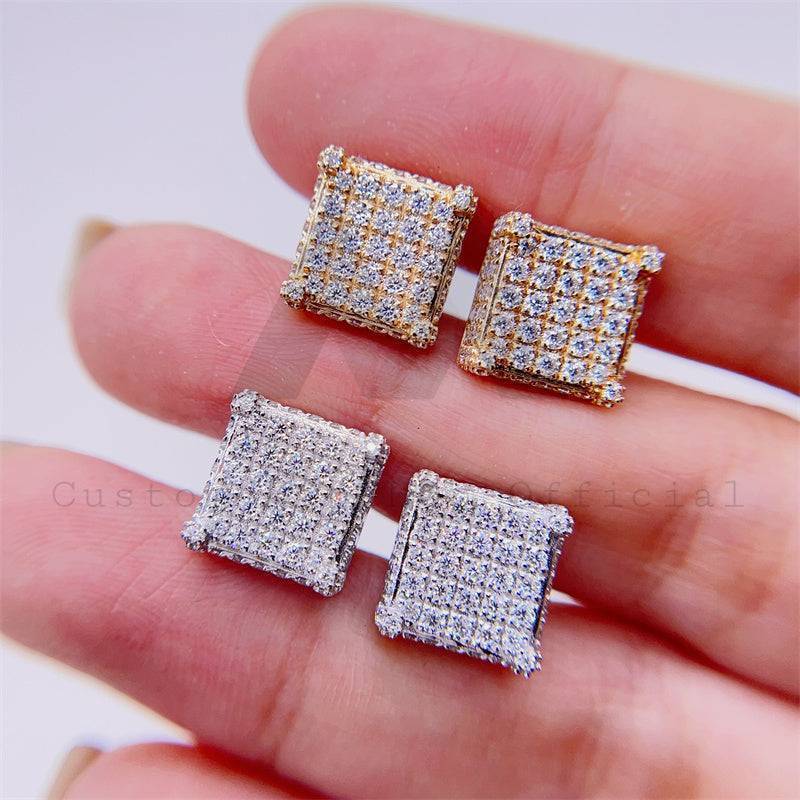 11mm square 10k gold moissanite stud earrings screw back men iced out hip hop style