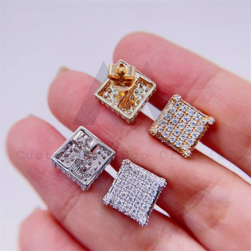 11mm square 10k gold moissanite stud earrings screw back men iced out hip hop style