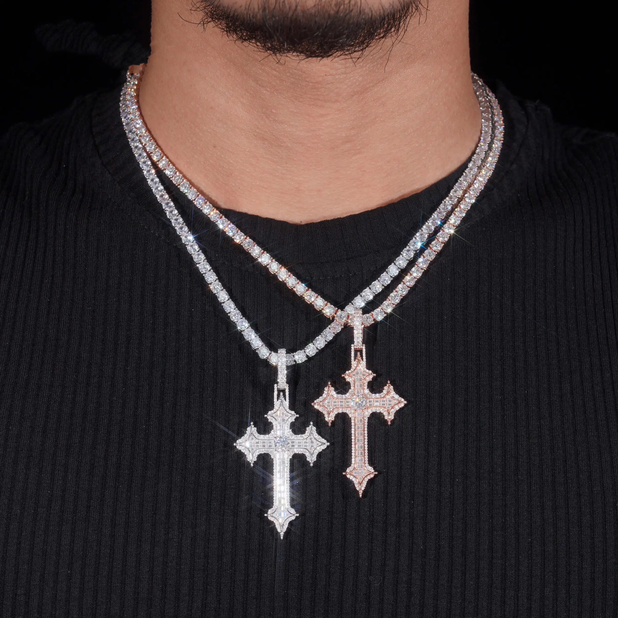 Solid Silver Men Jewelry Chrome Heart Style Iced Out VVS Moissanite Cross Pendant Match 4MM Tennis Chain