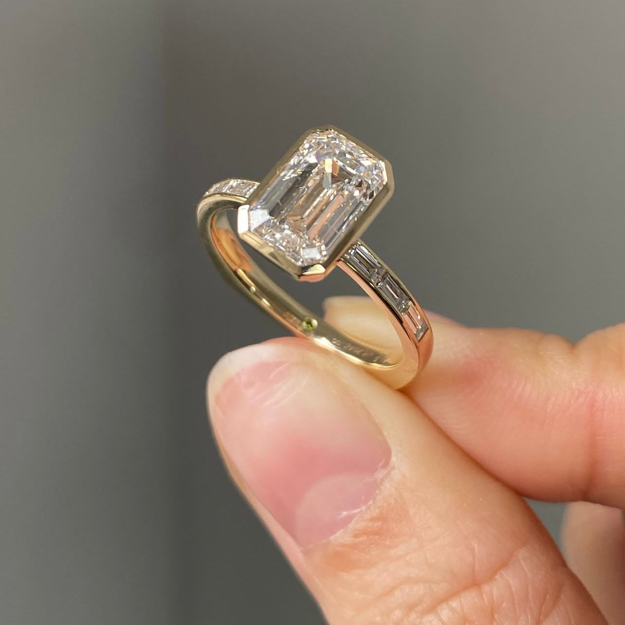 1Ct Bezel Setting 14K solid Yellow Gold Lab Diamond Ring Emerald Cut