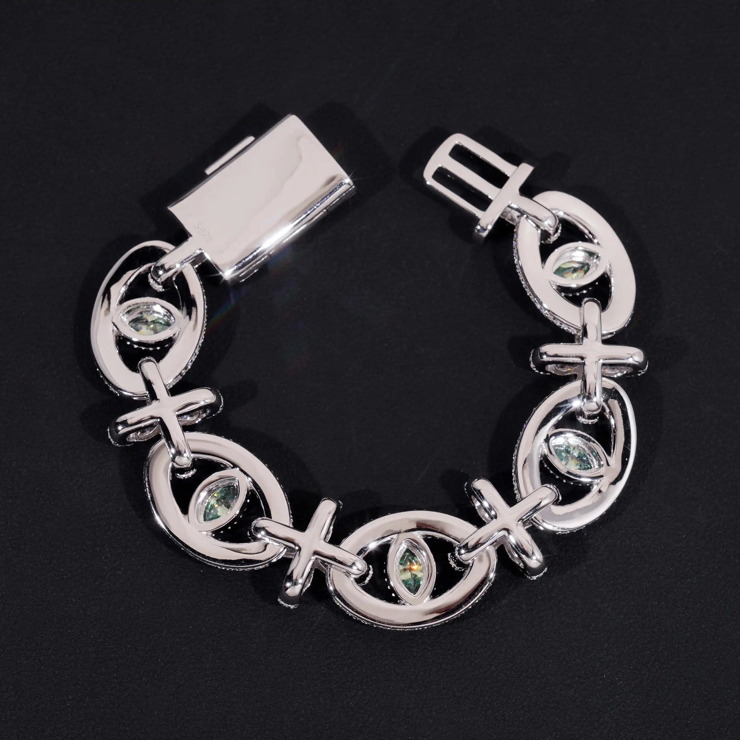 Evil Eye Link Bracelet Solid Silver Men Bracelet VVS Moissanite Diamond