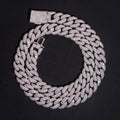 14mm white gold mosaic-set moissanite Cuban link chain coiled in a spiral, fully iced links and box clasp