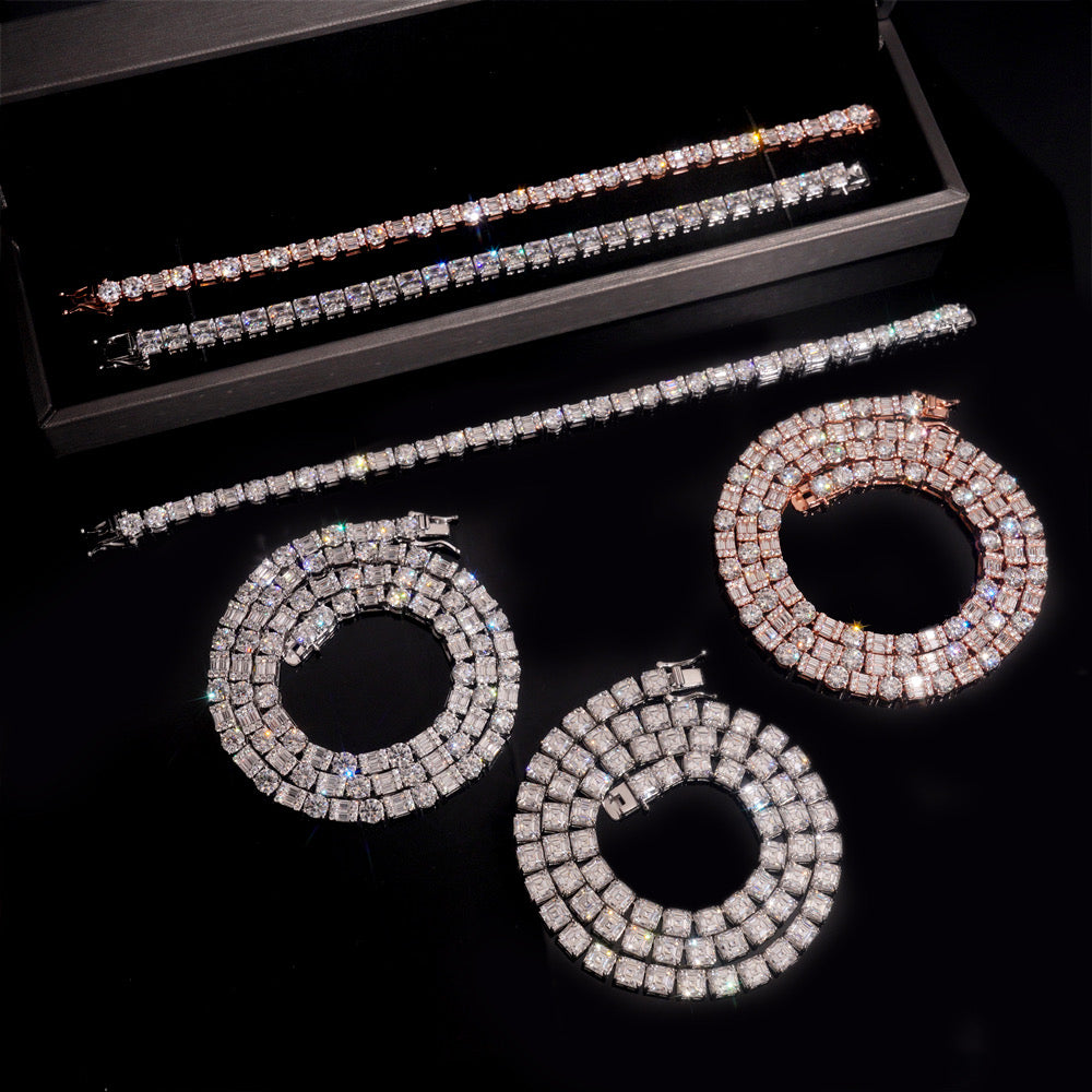 Hot Sell 5MM Round Mix Baguette Diamond Design Moissanite Tennis Necklace