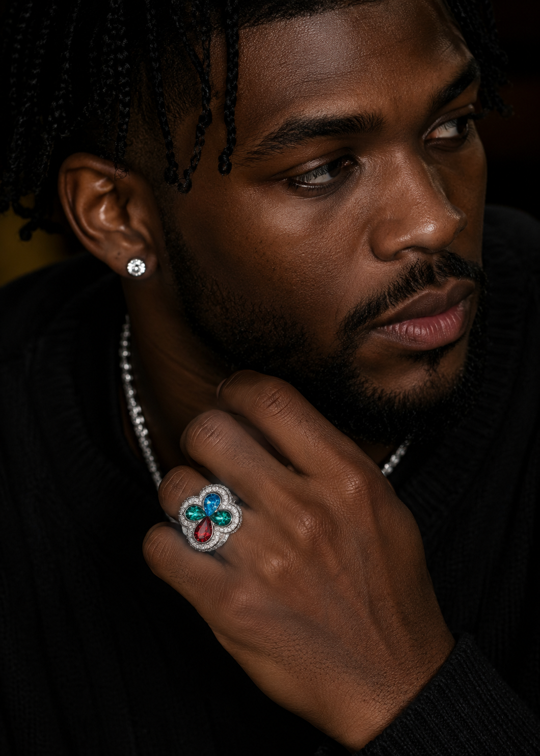 Iced Out Men Jewelry Custom Initial Clover Ring With Color Moissanite