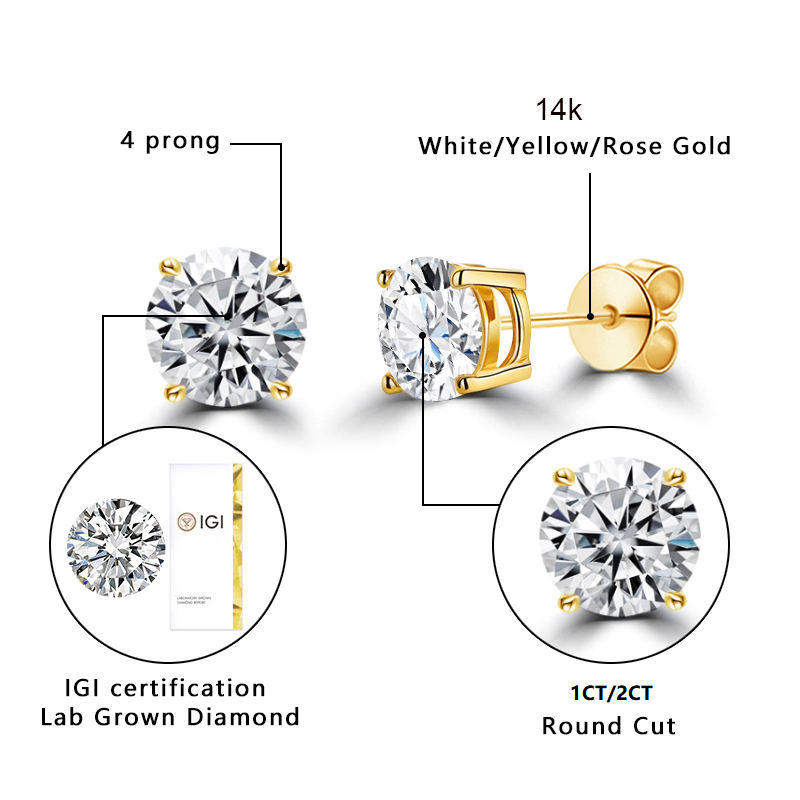 14K Solid Gold IGI Certificated Lab Grown CVD Stud Earrings