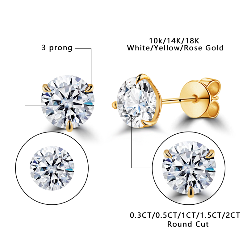 10K Solid Gold 4MM 5MM 6.5MM Lab Grown Diamond Studs