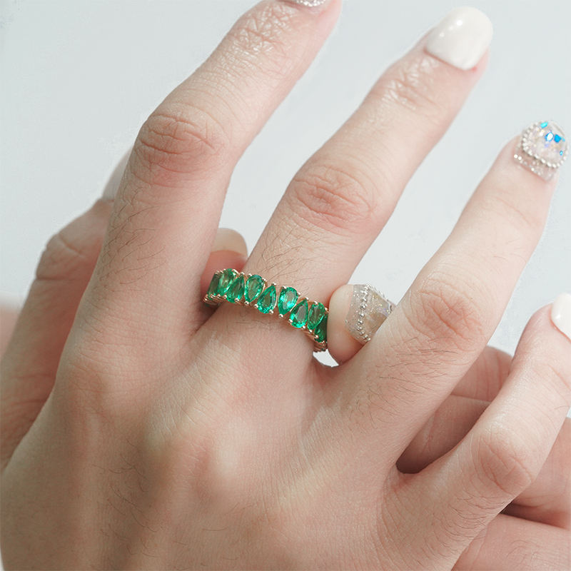 14K Yellow Gold Lab Emerald Pear Cut Eternity Ring For Women