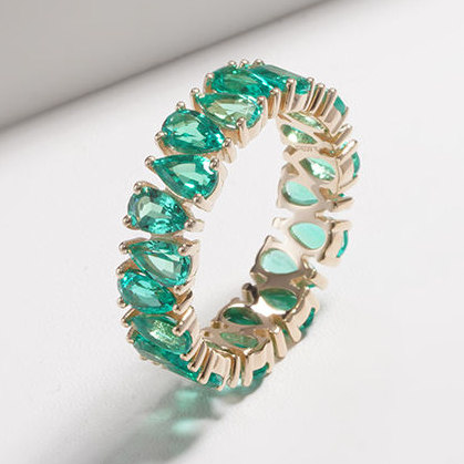 14K Yellow Gold Lab Emerald Pear Cut Eternity Ring For Women