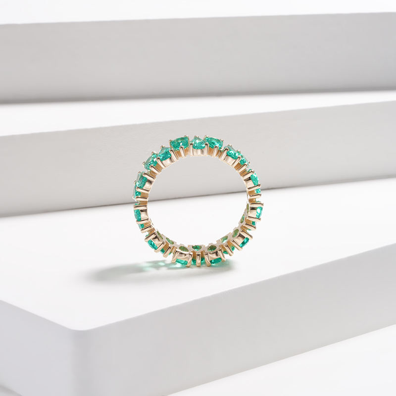 14K Yellow Gold Lab Emerald Pear Cut Eternity Ring For Women