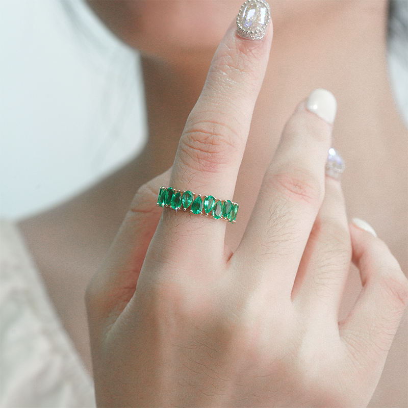 14K Yellow Gold Lab Emerald Pear Cut Eternity Ring For Women