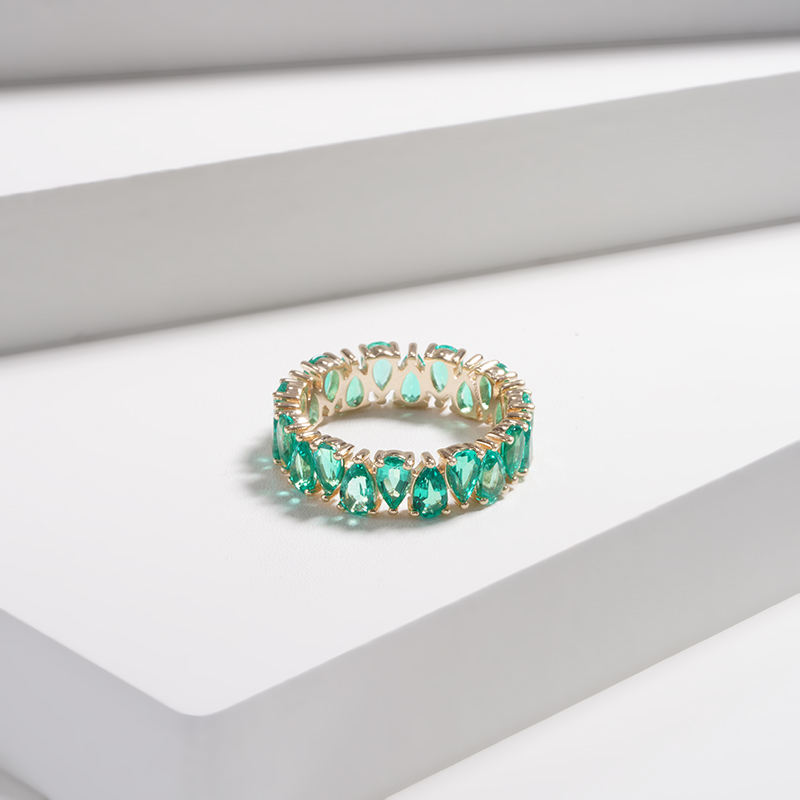 14K Yellow Gold Lab Emerald Pear Cut Eternity Ring For Women