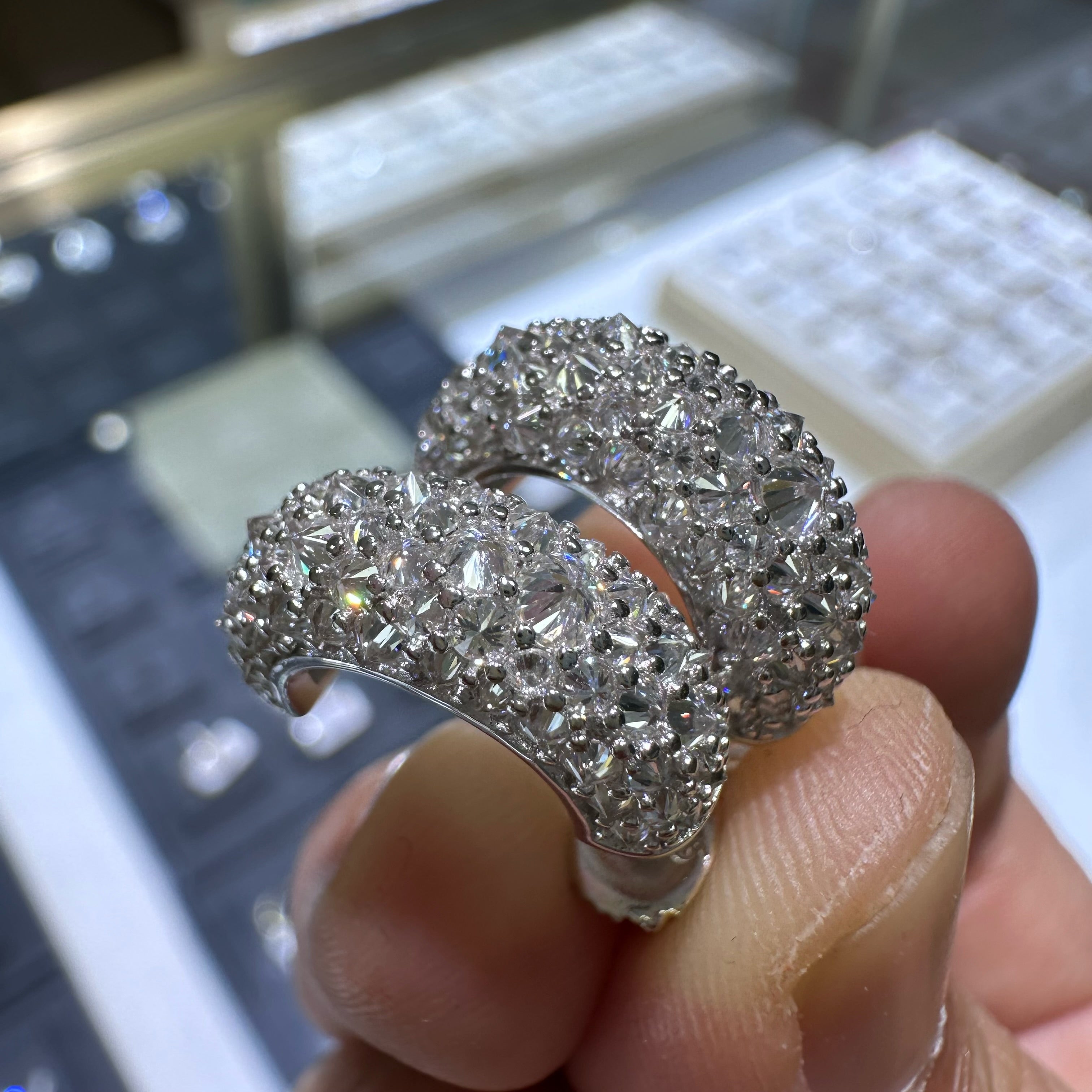 Mosaic Setting Inverted Iced Out Moissanite Hoop Earrings