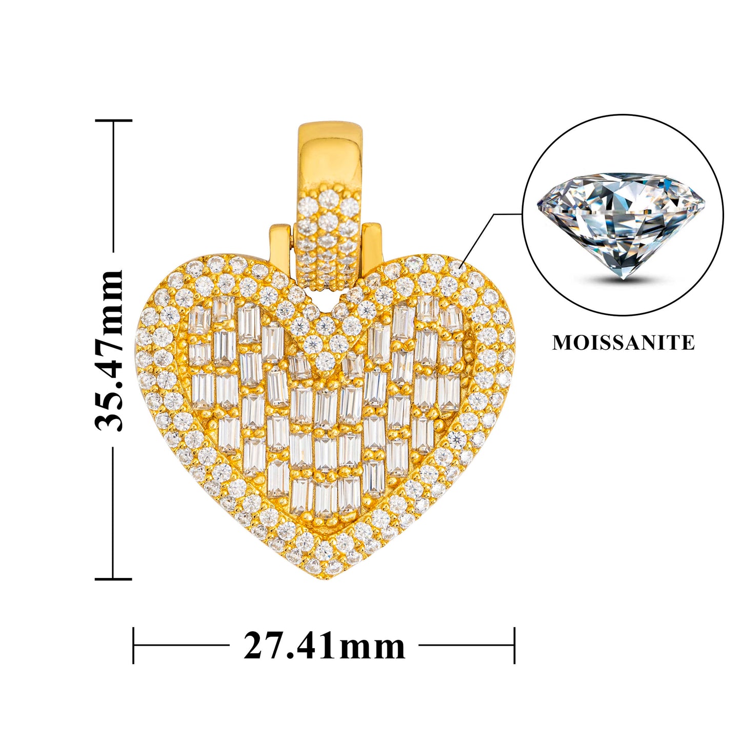 Valentines Day Gift Baguette Diamond Heart Pendant Fit For 3MM Tennis Chain
