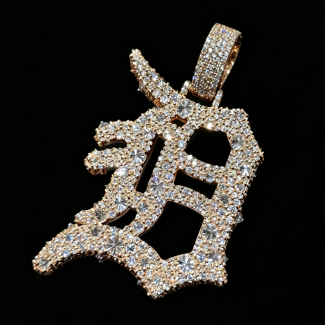 2Inch Tall Rose Gold Letter Pendant B Moissanite Diamond Upside Down Inverted Setting