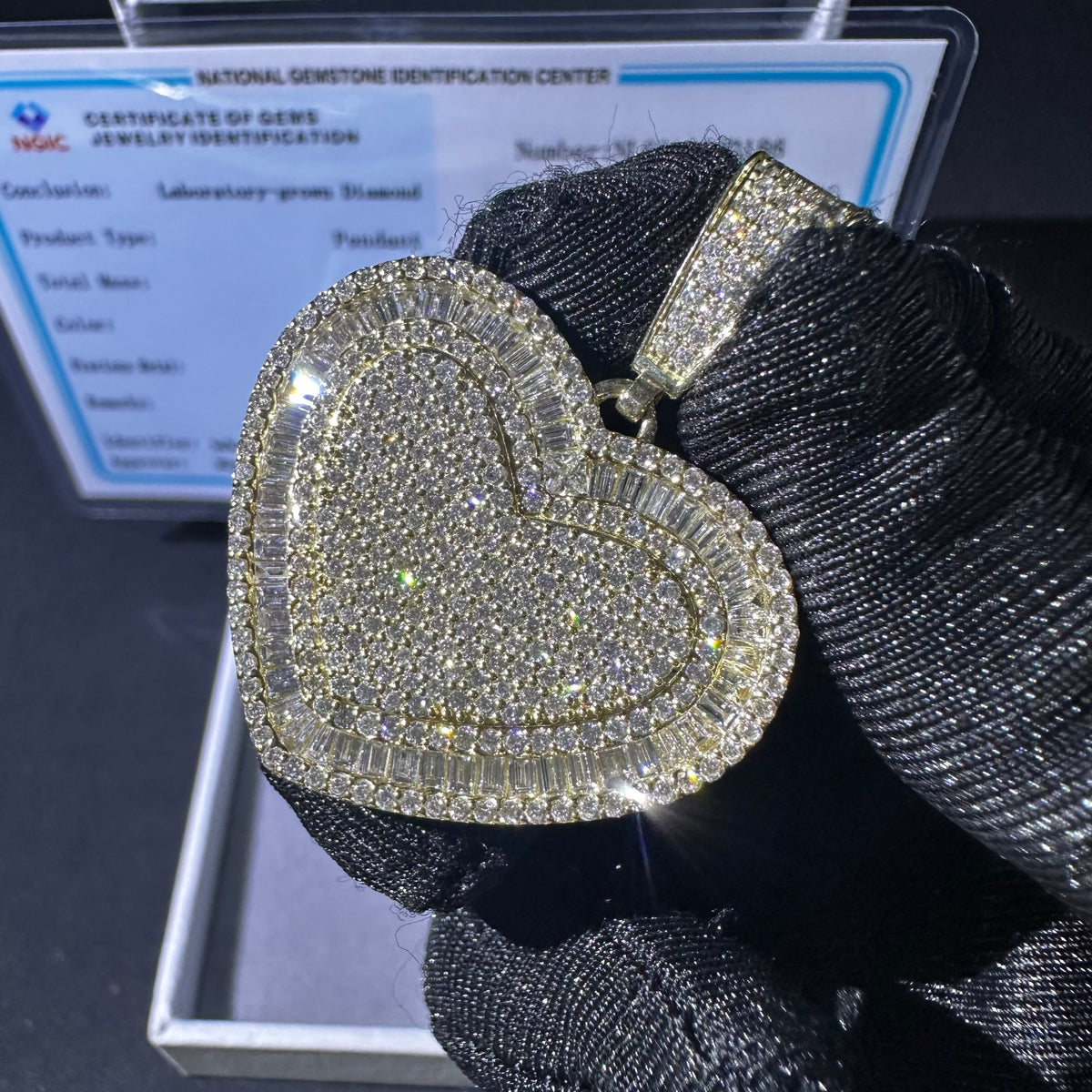 10K Yellow Gold Baguette Cut Lab Diamond Heart Pendant Charm