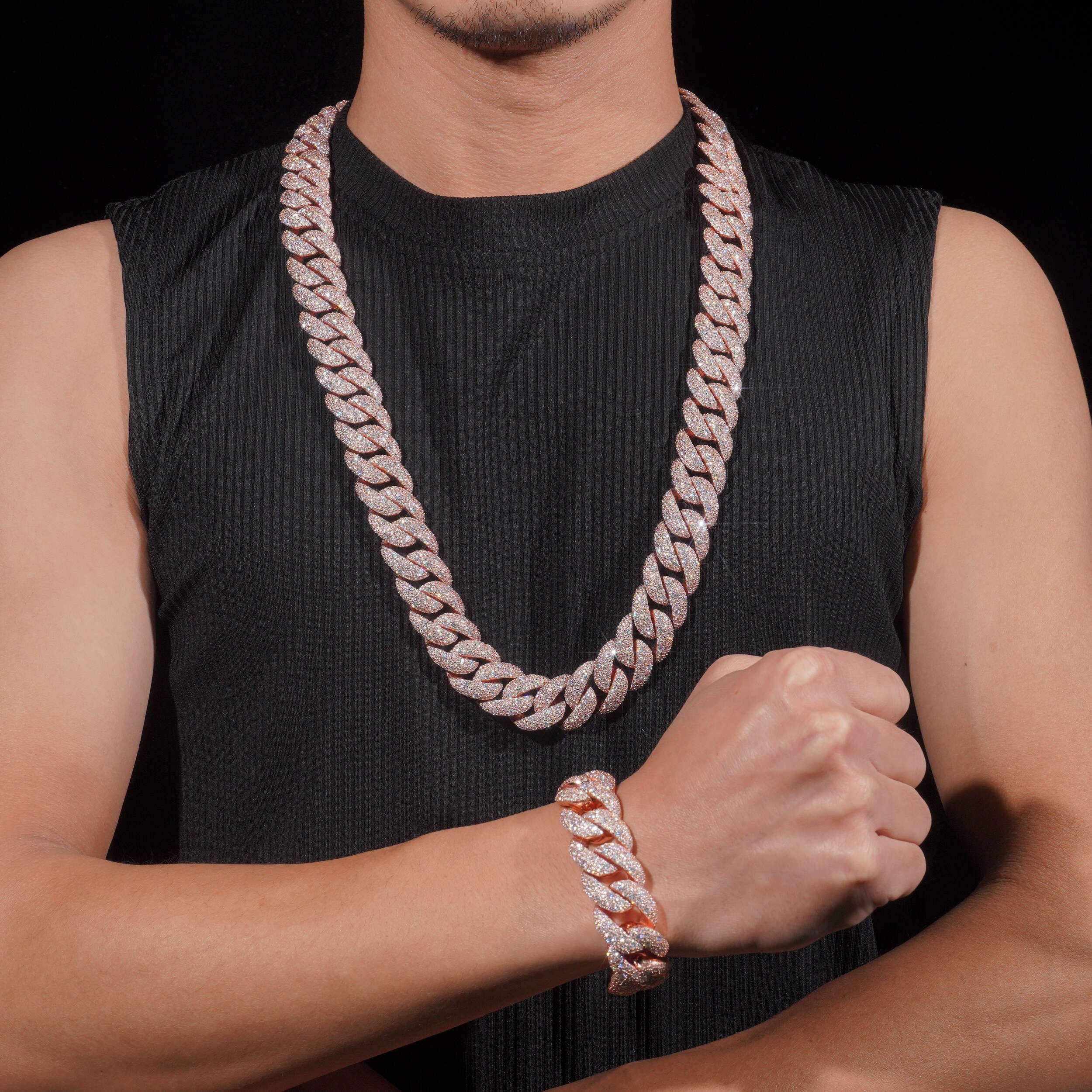20mm Mosaic-Set diamond Cuban Link Chain 14K Gold
