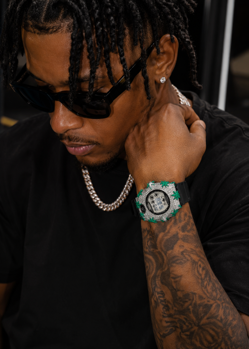 Custom Mde Green Enamel Leaf Iced Out G Shock Watch