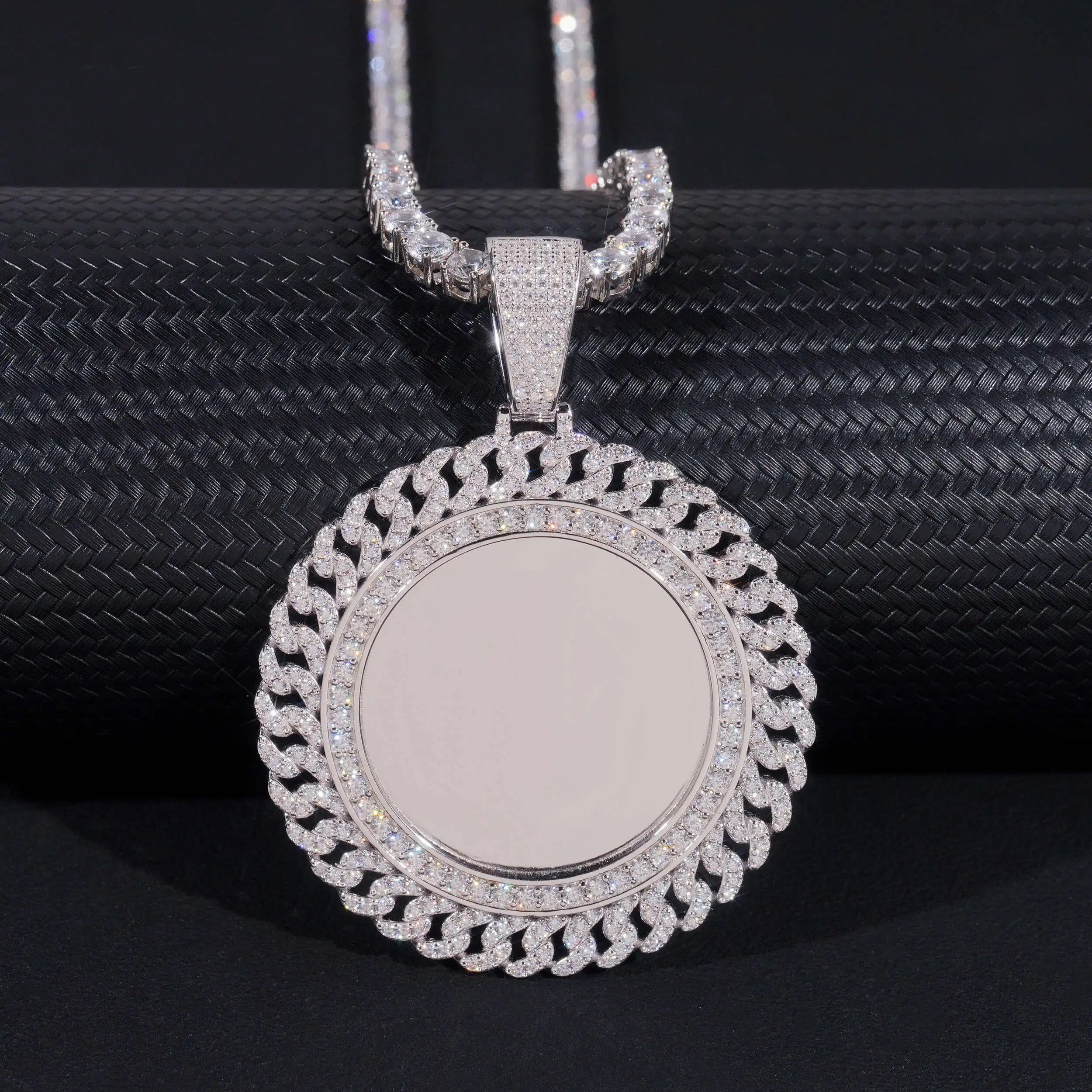 2inch Cuban Link Border Photo Memory Pendant Solid Silver Moissanite Diamond Fit For 4MM Tennis Chain